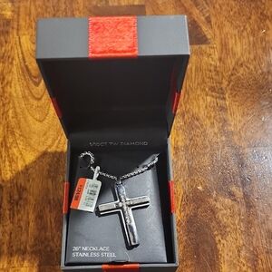 Stainless Steel Cross Necklace with Diamond Accent